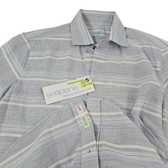 Seaplane Men’s Blue Stripe Button Down Short Sleeve Shirt - Size Large NWT - Picture 16 of 16